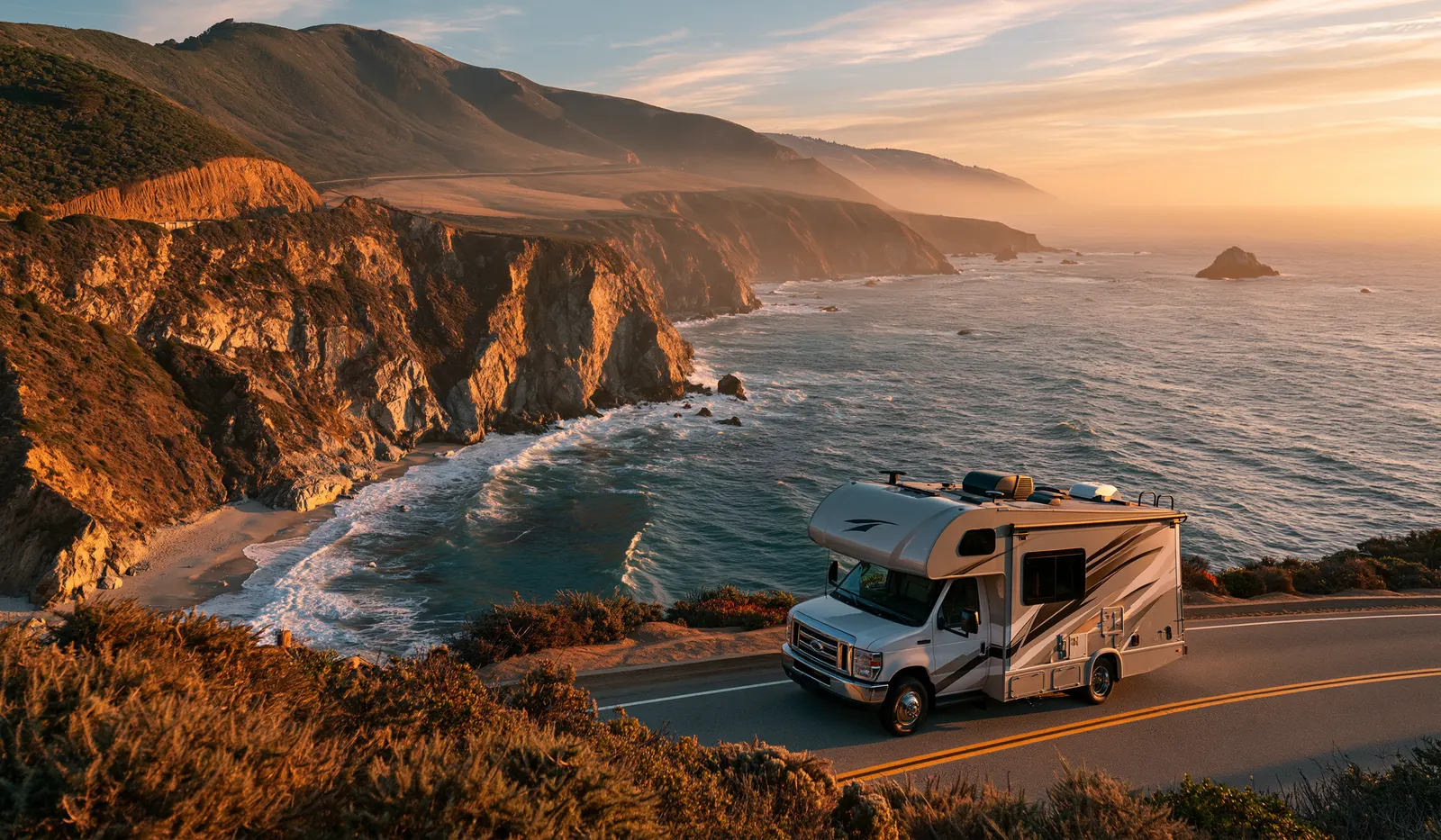 Camper on the California coast highway above Pacific surf at sunset