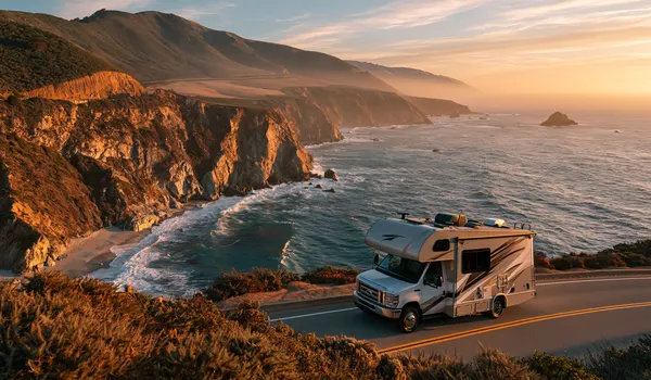 Camper on the California coast highway above Pacific surf at sunset