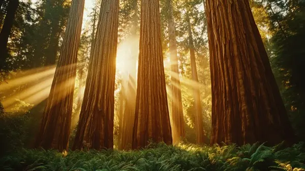 Massive ancient sequoia tree trunks reaching upward in Sequoi