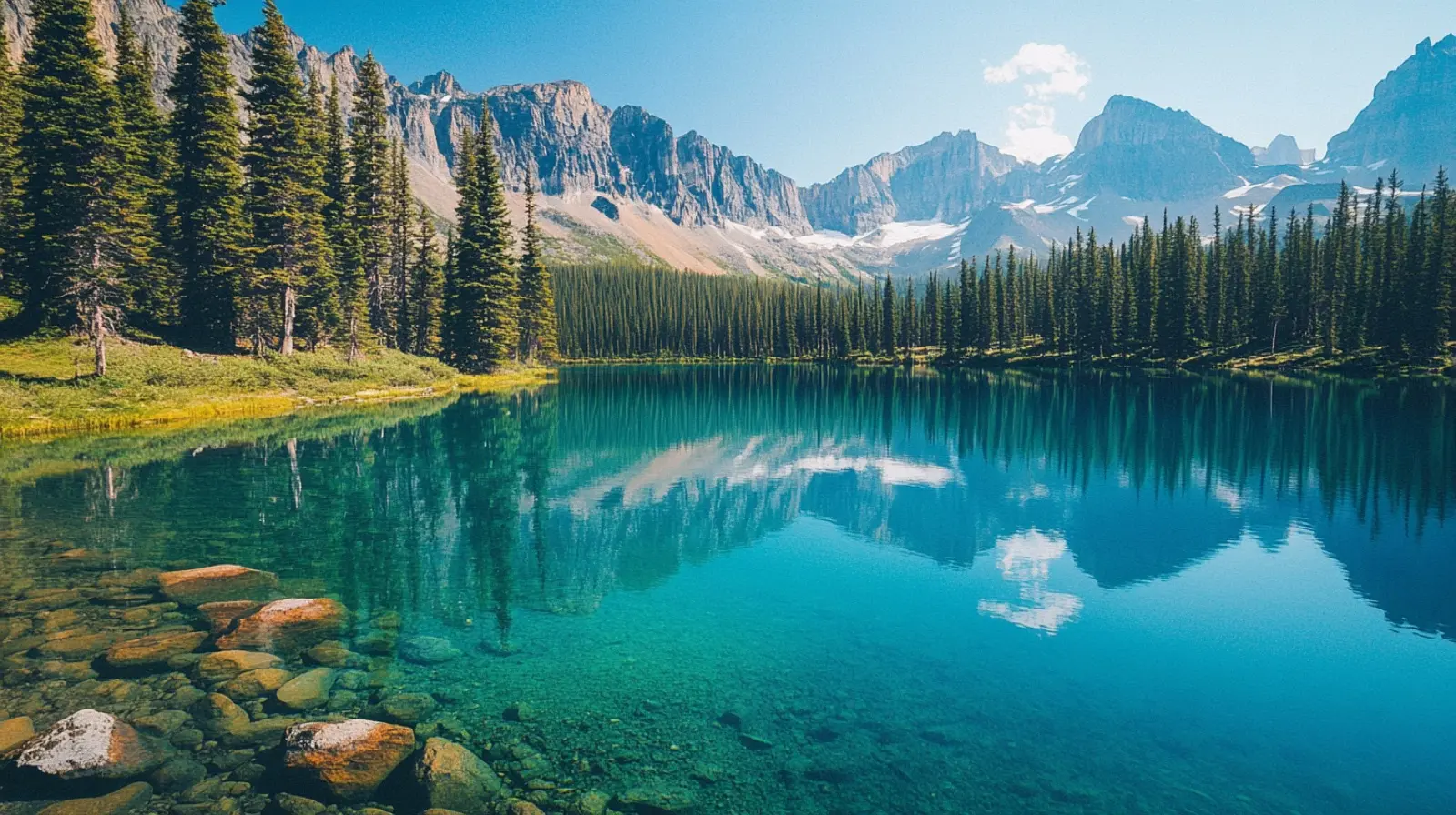 Crystal clear alpine lake reflecting jagged Rocky Mountain