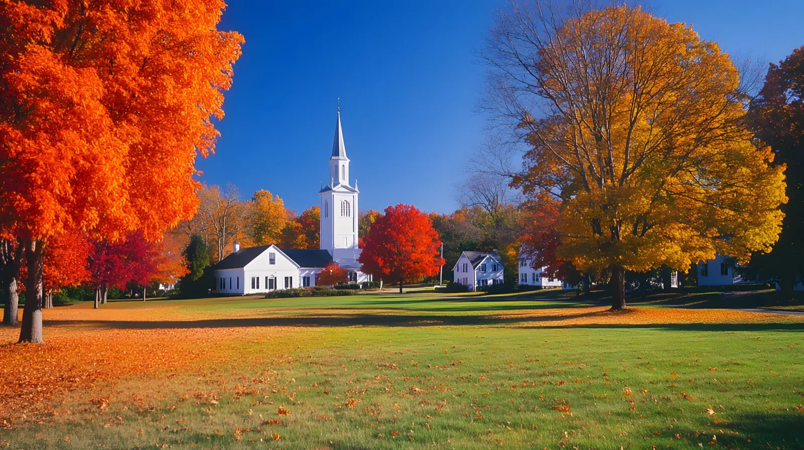 Connecticut town green framed by red and gold autumn trees