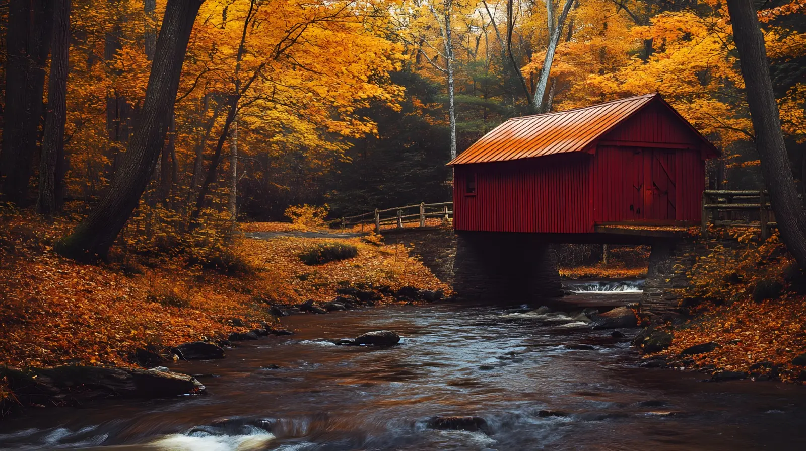 Red covered bridge over a Connecticut creek