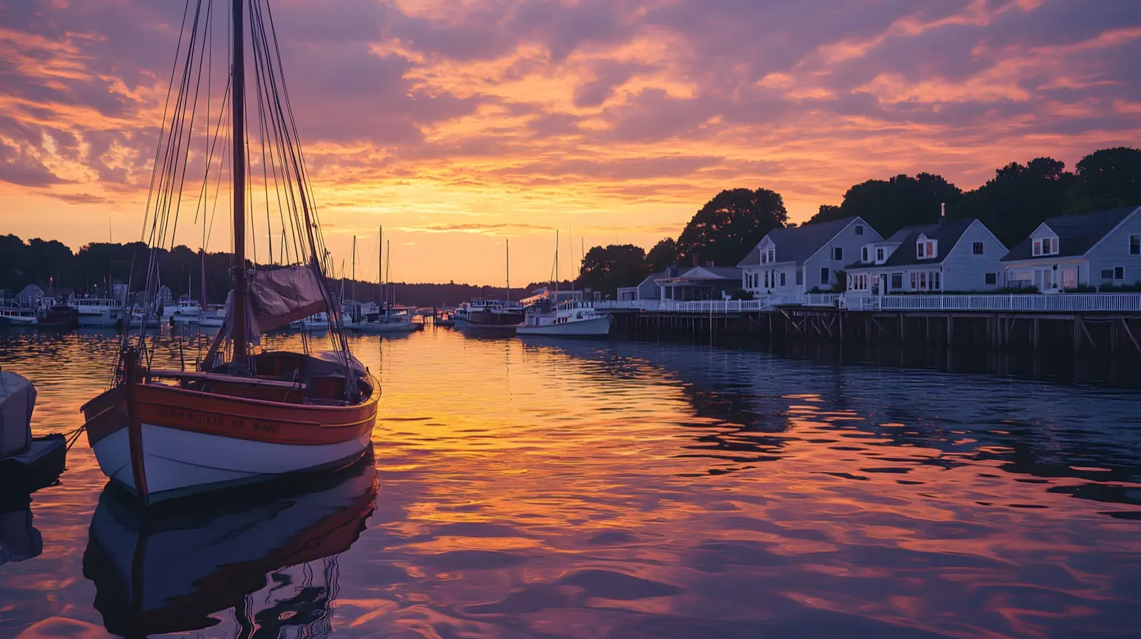 Mystic Connecticut harbor at sunset with classic wooden sailb