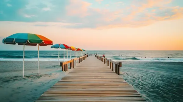 Rehoboth Beach Delaware boardwalk at golden hour vintage wood