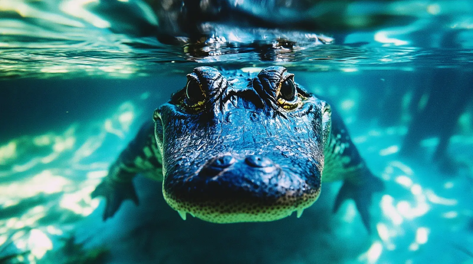 Small American alligator floating just below glassy surface