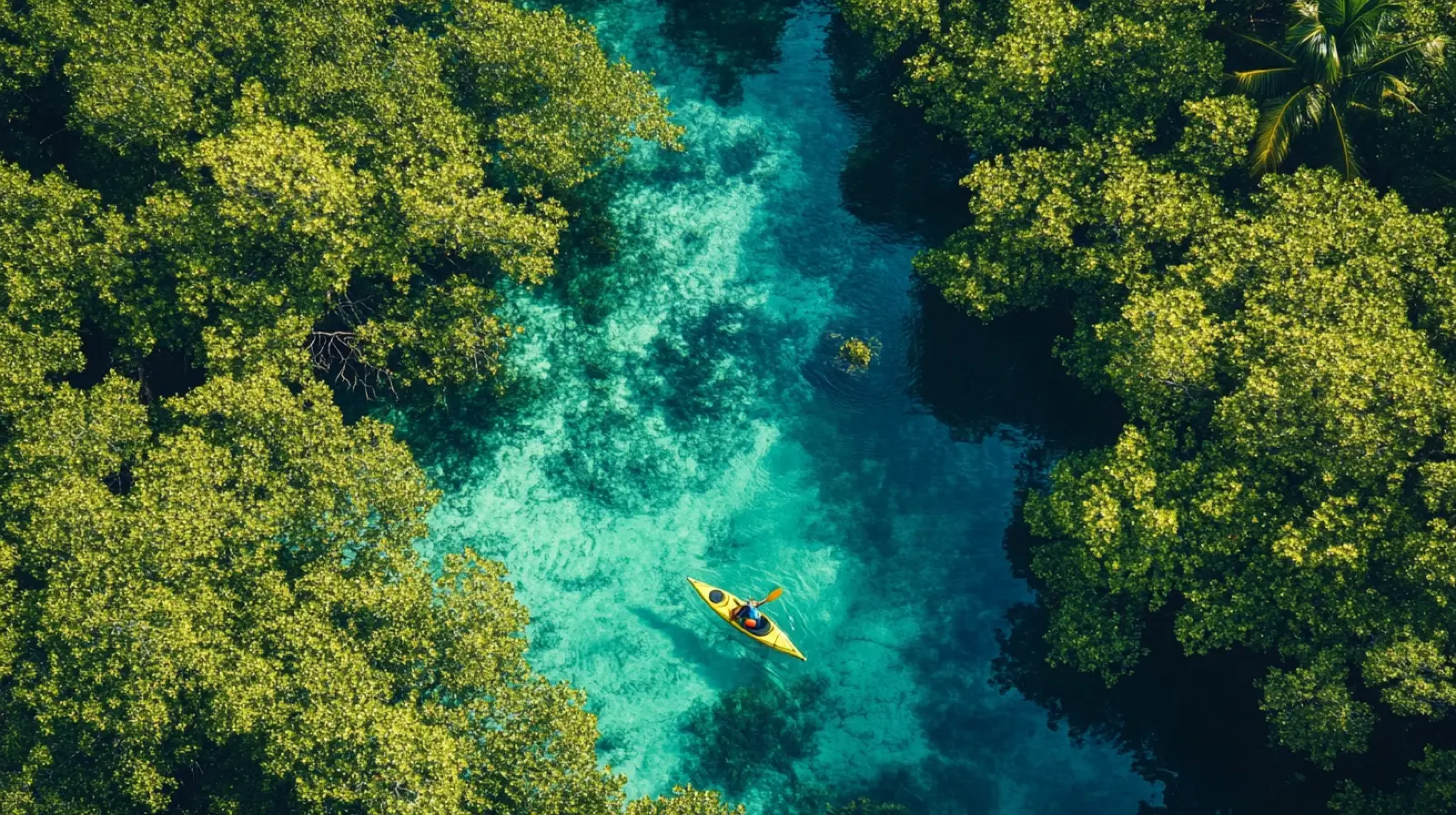 Aerial view of a kayak drifting a clear spring channel through Florida mangroves