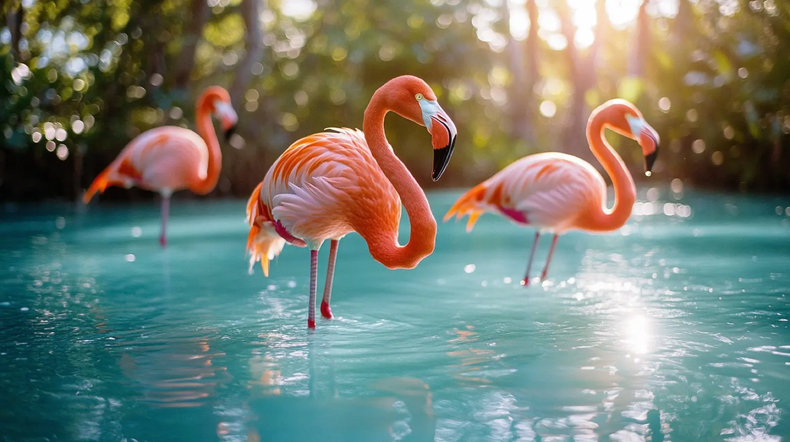 Pink flamingos wading in shallow turquoise water