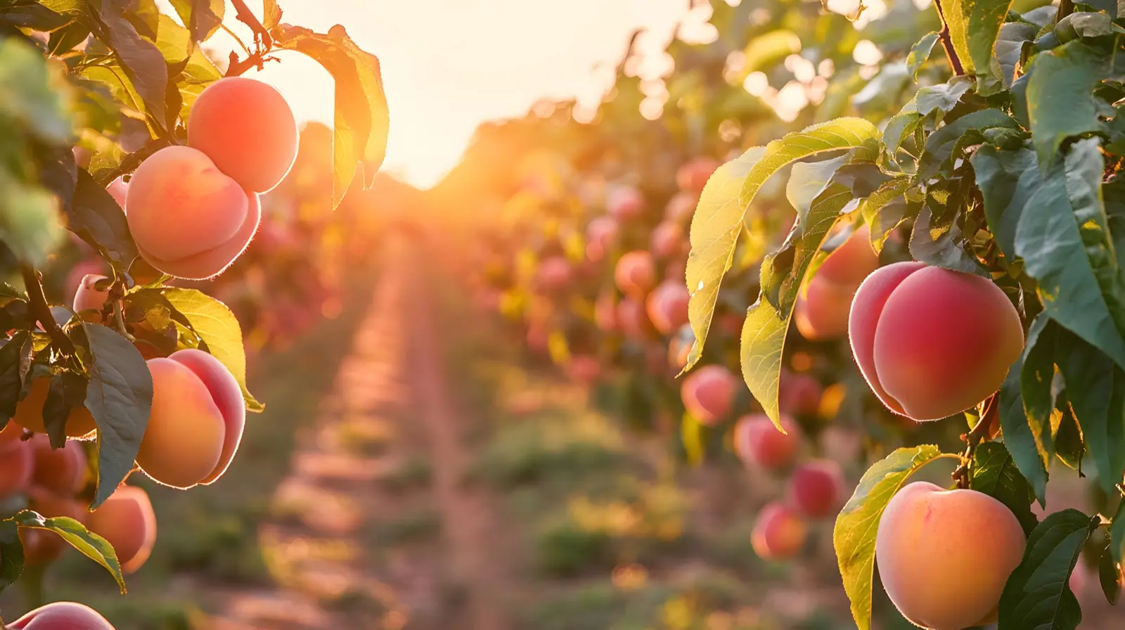 Endless rows of peach orchard in Georgia at golden hour ripe