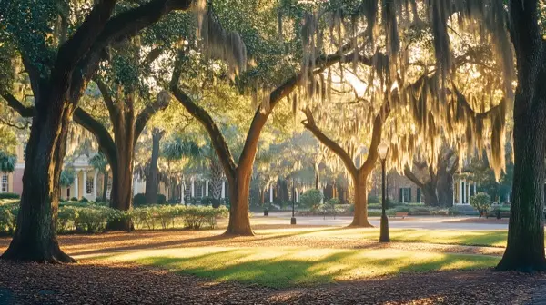 Savannah Georgia historic square with massive live oak trees