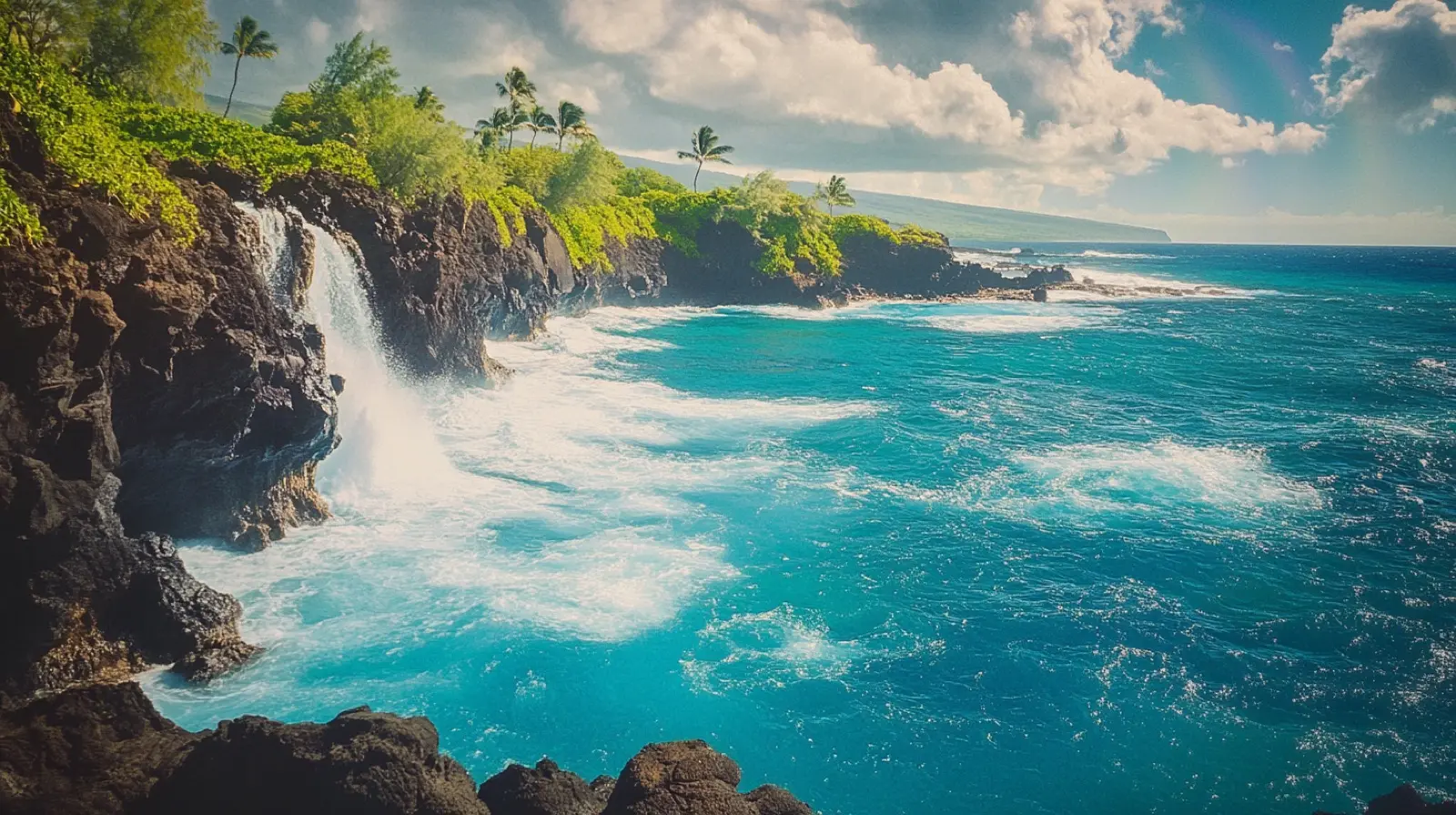 Black volcanic cliffs meeting turquoise water, Hawaii