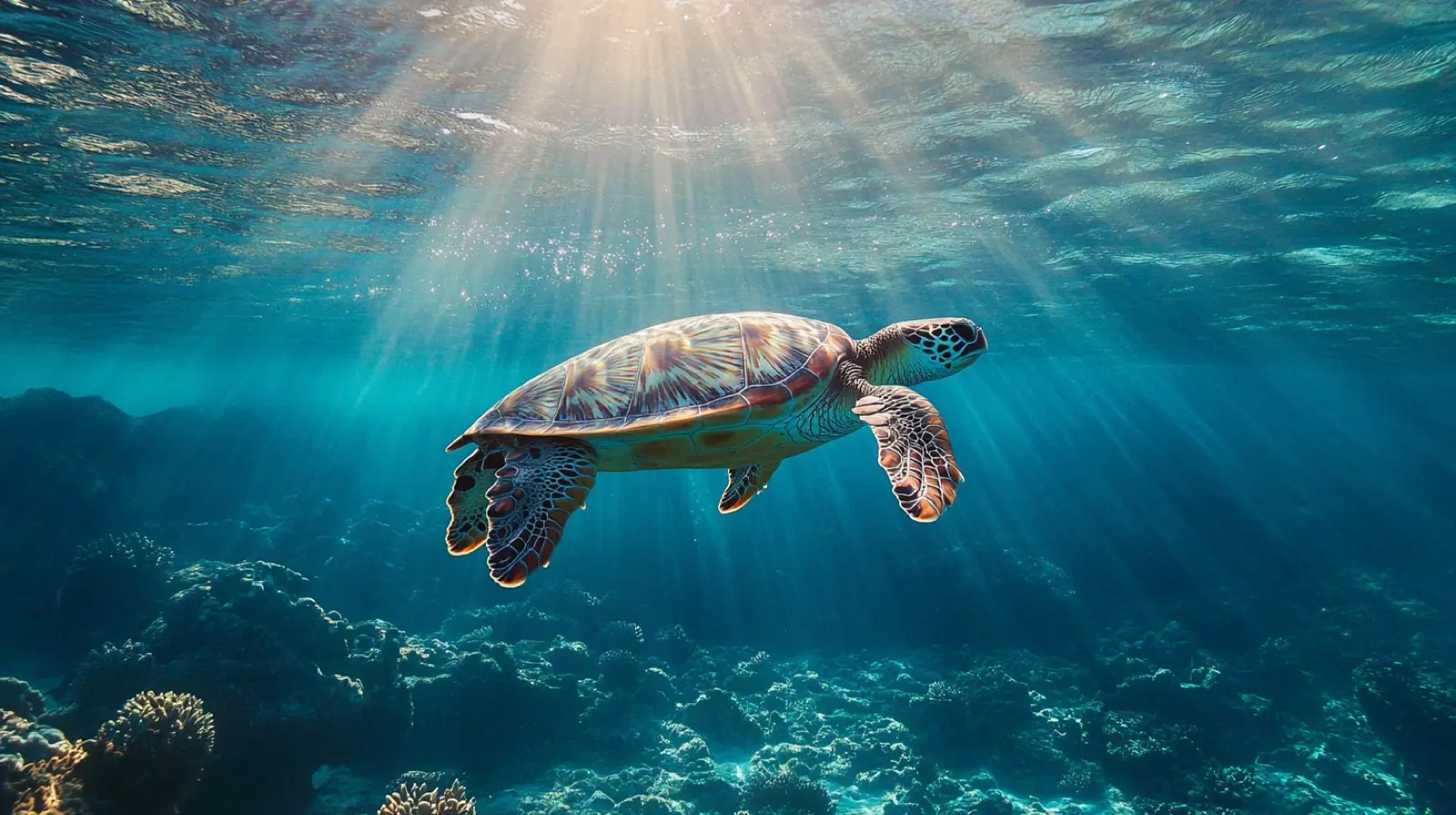 Single sea turtle gliding through clear turquoise Hawaiian