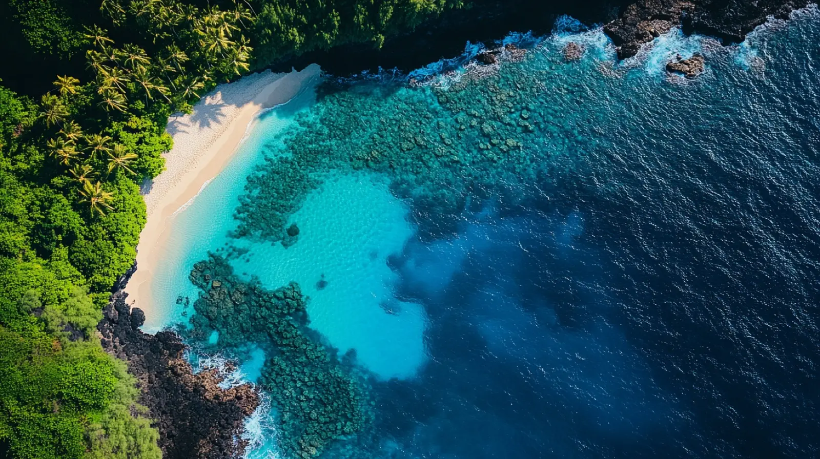 Hawaiian coastline and turquoise water from the air