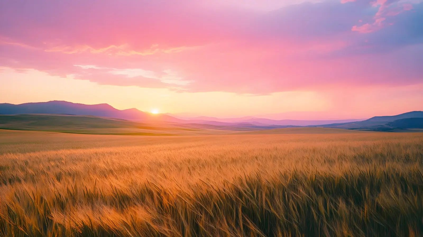 Idaho wheat field with rolling hills at sunset golden grain