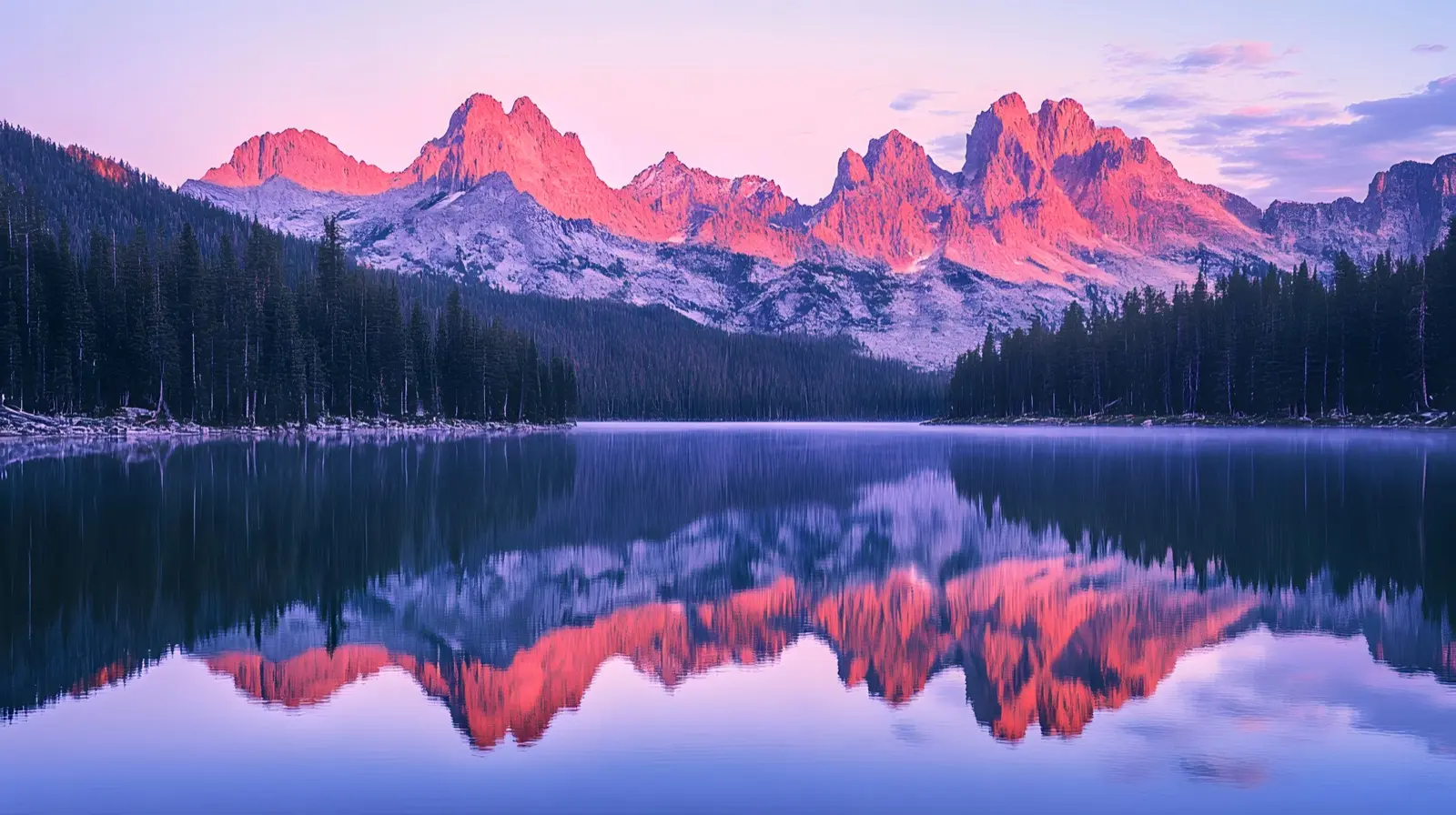 Sawtooth Mountains mirrored in a still alpine lake, Idaho