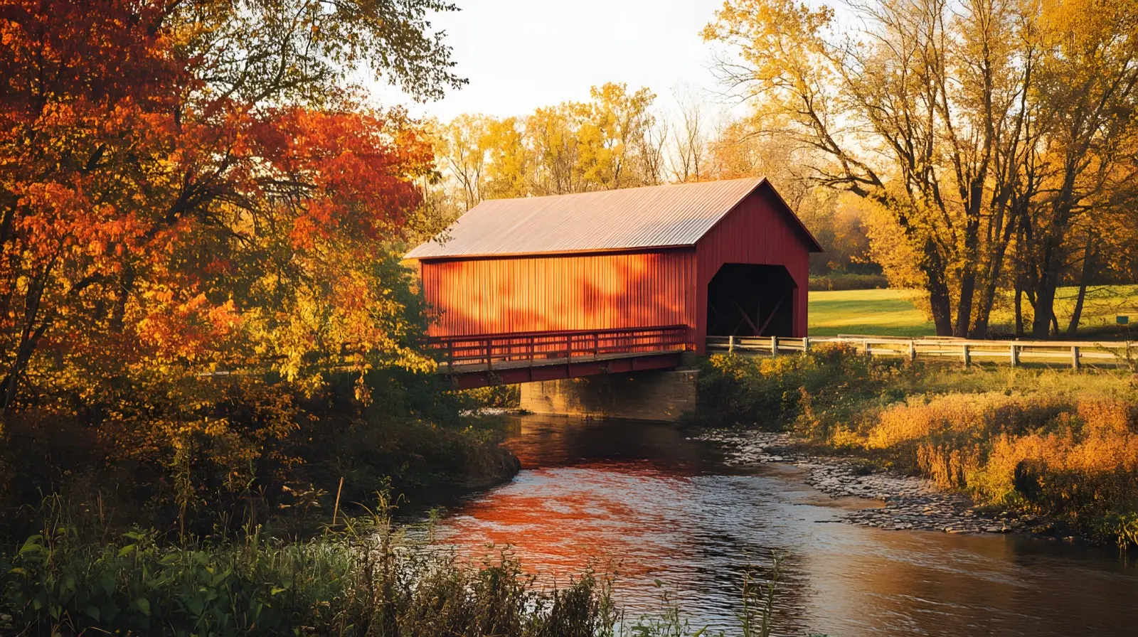 Red covered bridge over an Indiana creek in autumn