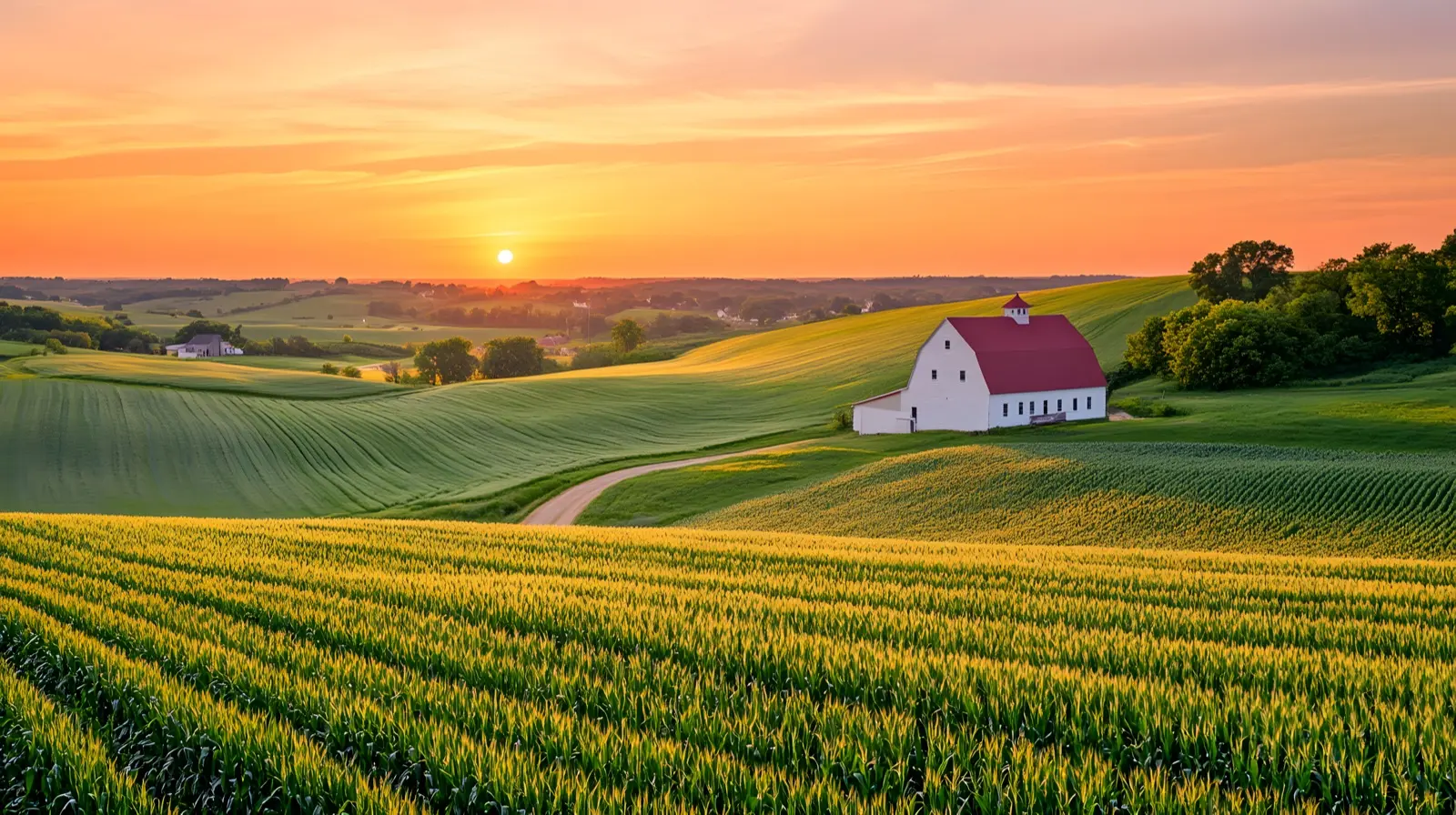 Rolling green farmland across the Iowa countryside