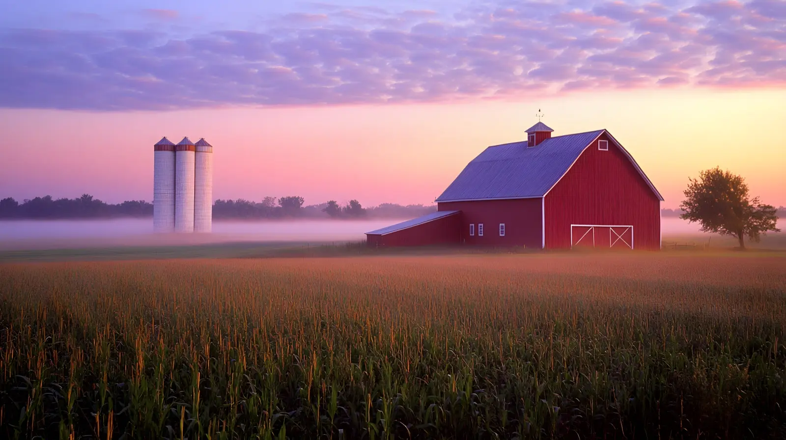 Red barn and silos in morning fog, Iowa