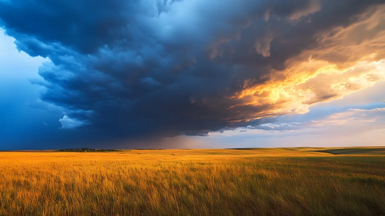 Dramatic Kansas thunderstorm clouds over endless prairie at