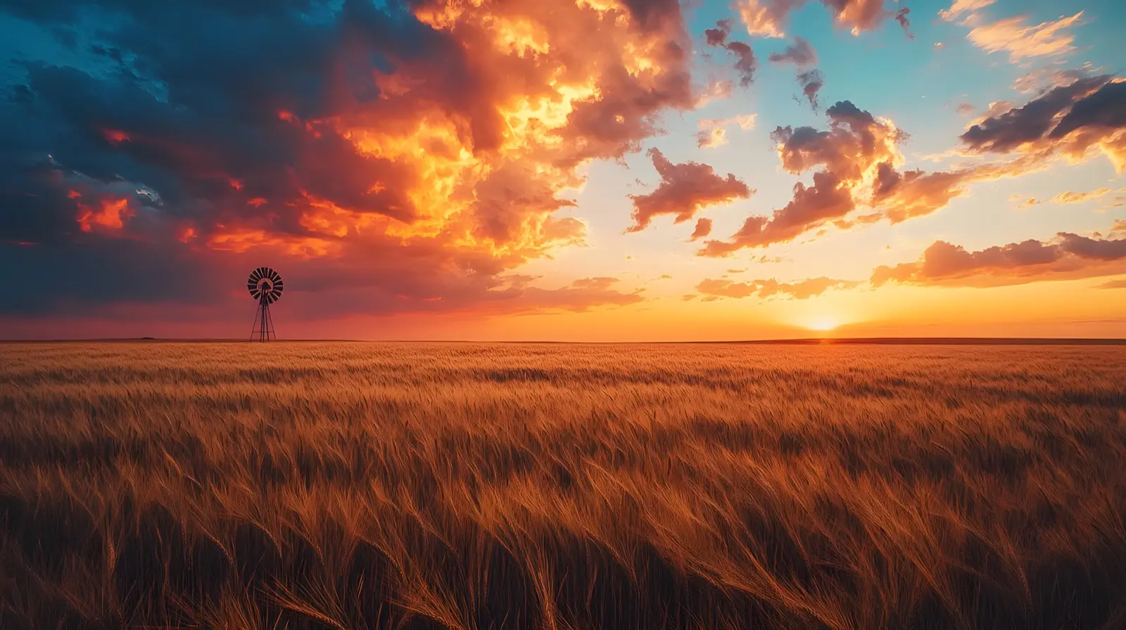 Golden wheat fields ripening across Kansas at sunset