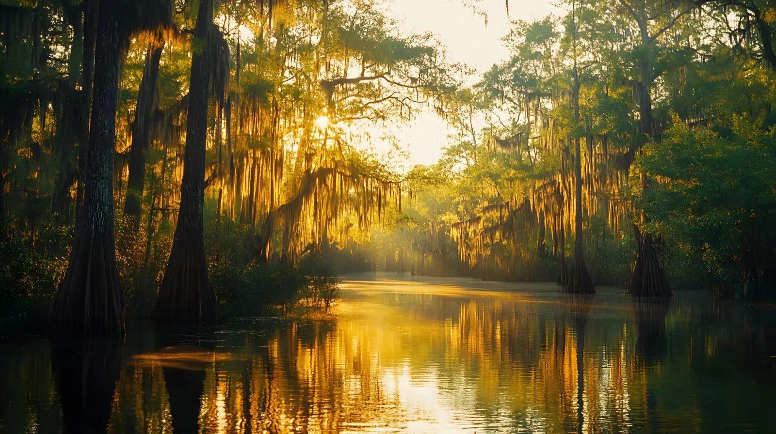 Louisiana bayou at golden hour with ancient cypress trees ris