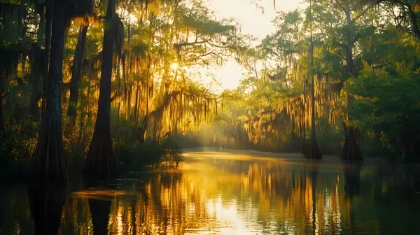 Louisiana bayou at golden hour with ancient cypress trees ris