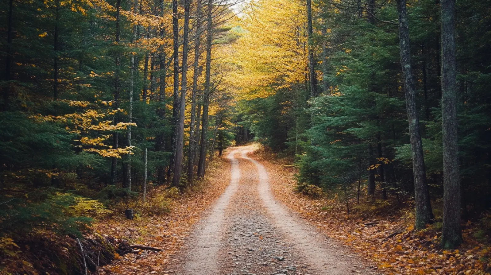 Narrow road through Maine pine woods in autumn