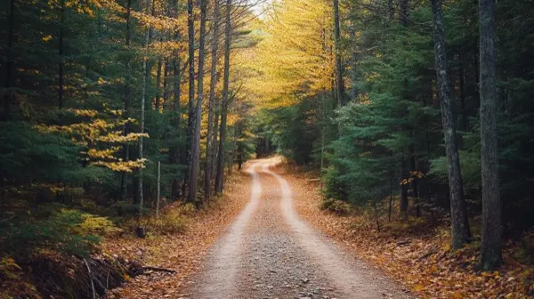 Narrow forest road through dense Maine pine forest in autumn