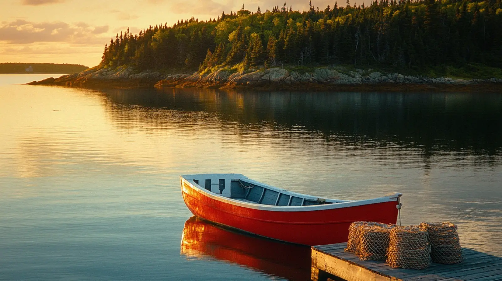 Small lobster boat with red hull anchored in Maine harbor