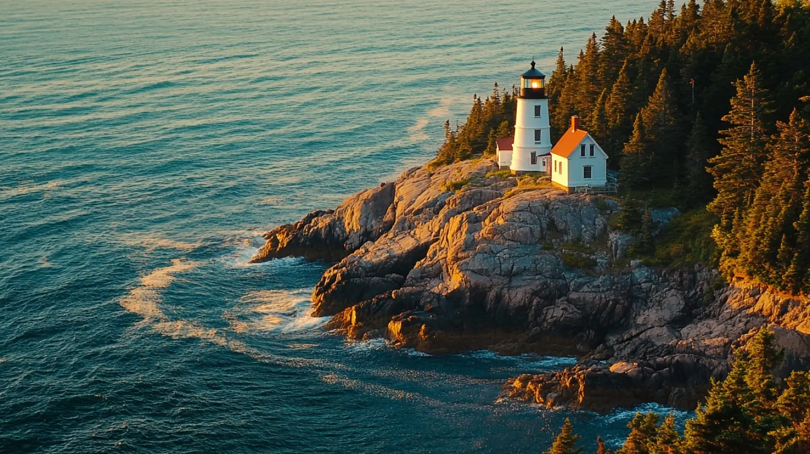 Lighthouse on the rocky Maine coastline