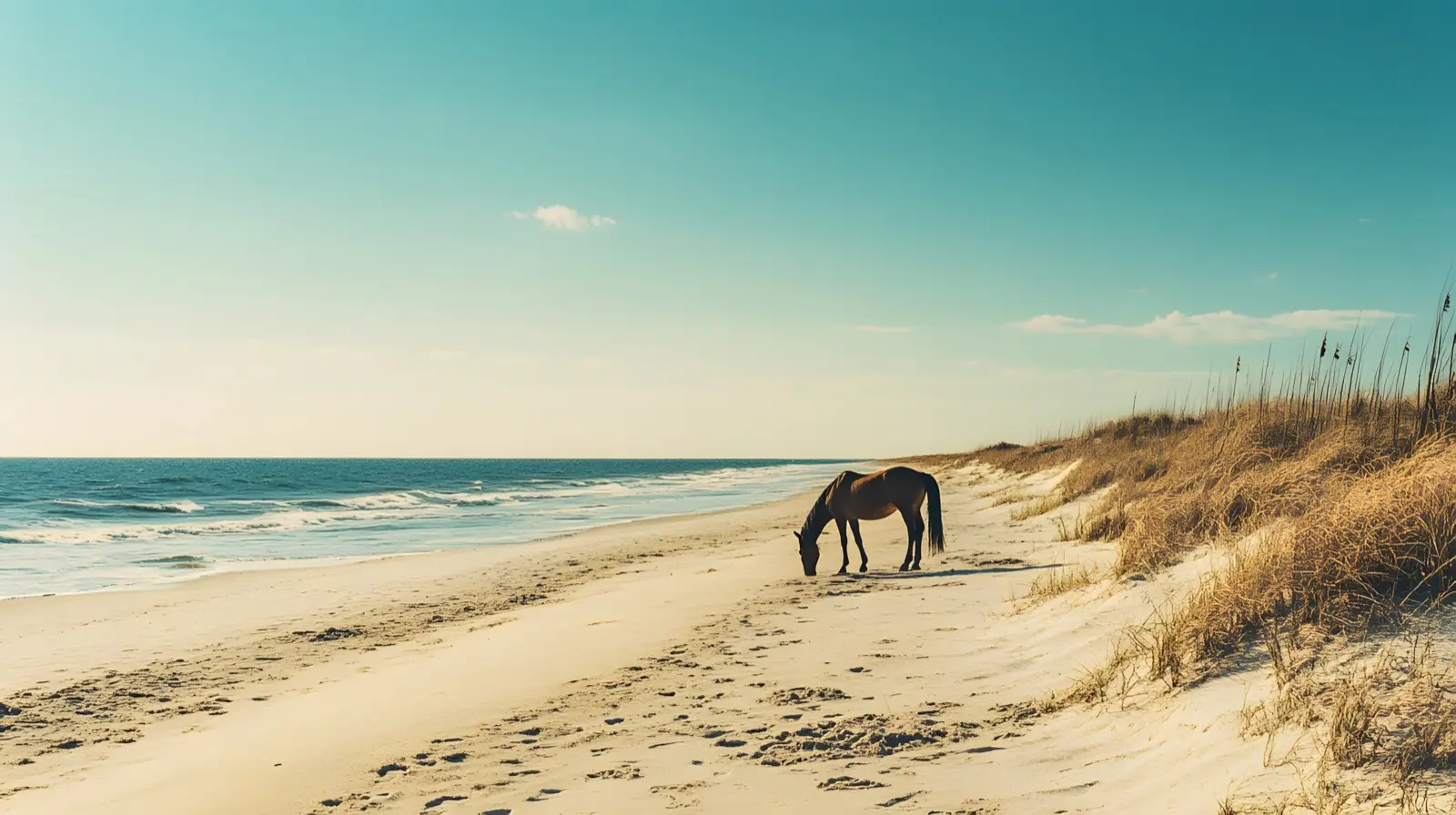 Wild horses grazing the beach at Assateague Island, Maryland