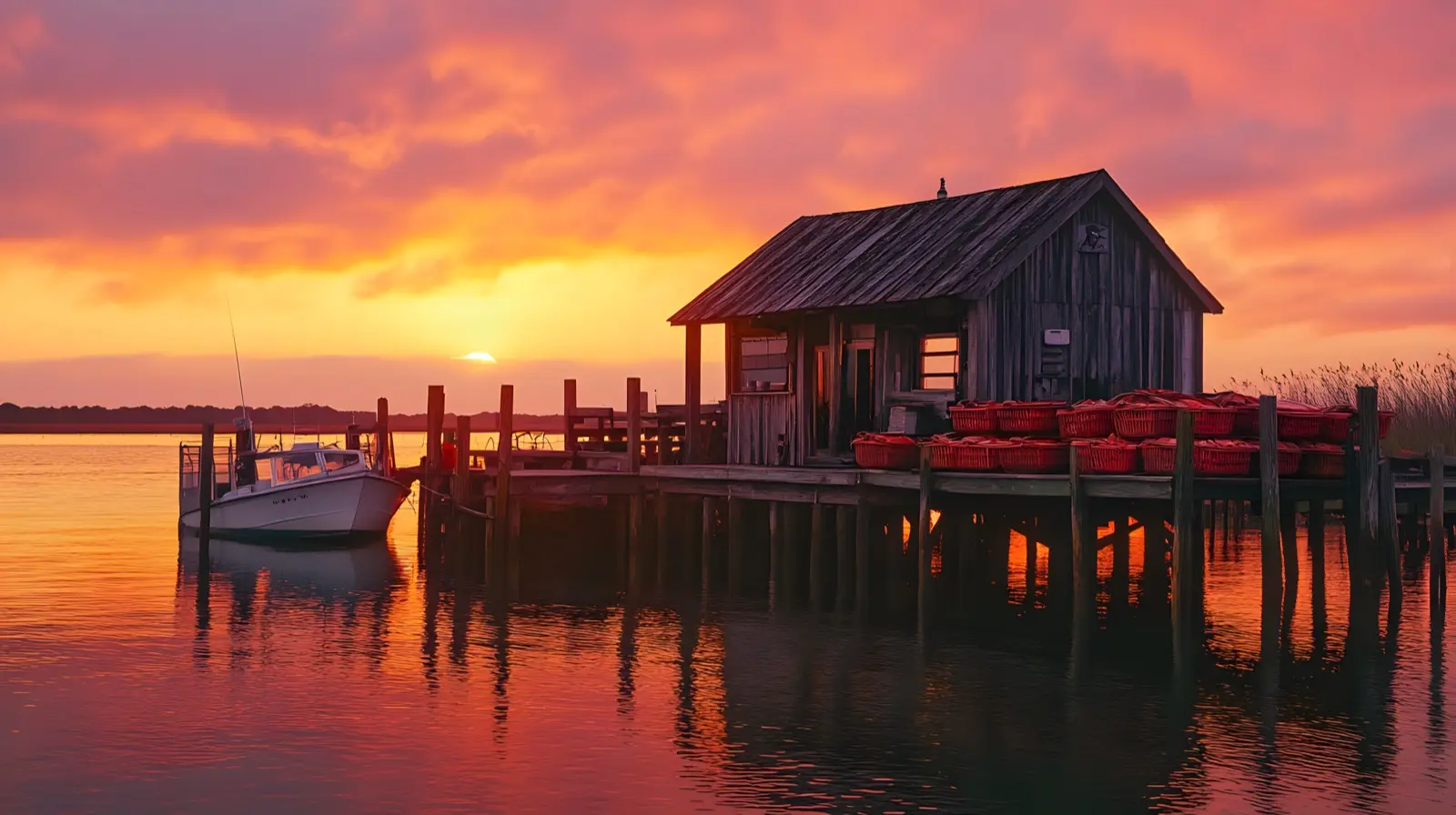 Crab shack on an Eastern Shore dock at sunset, Maryland