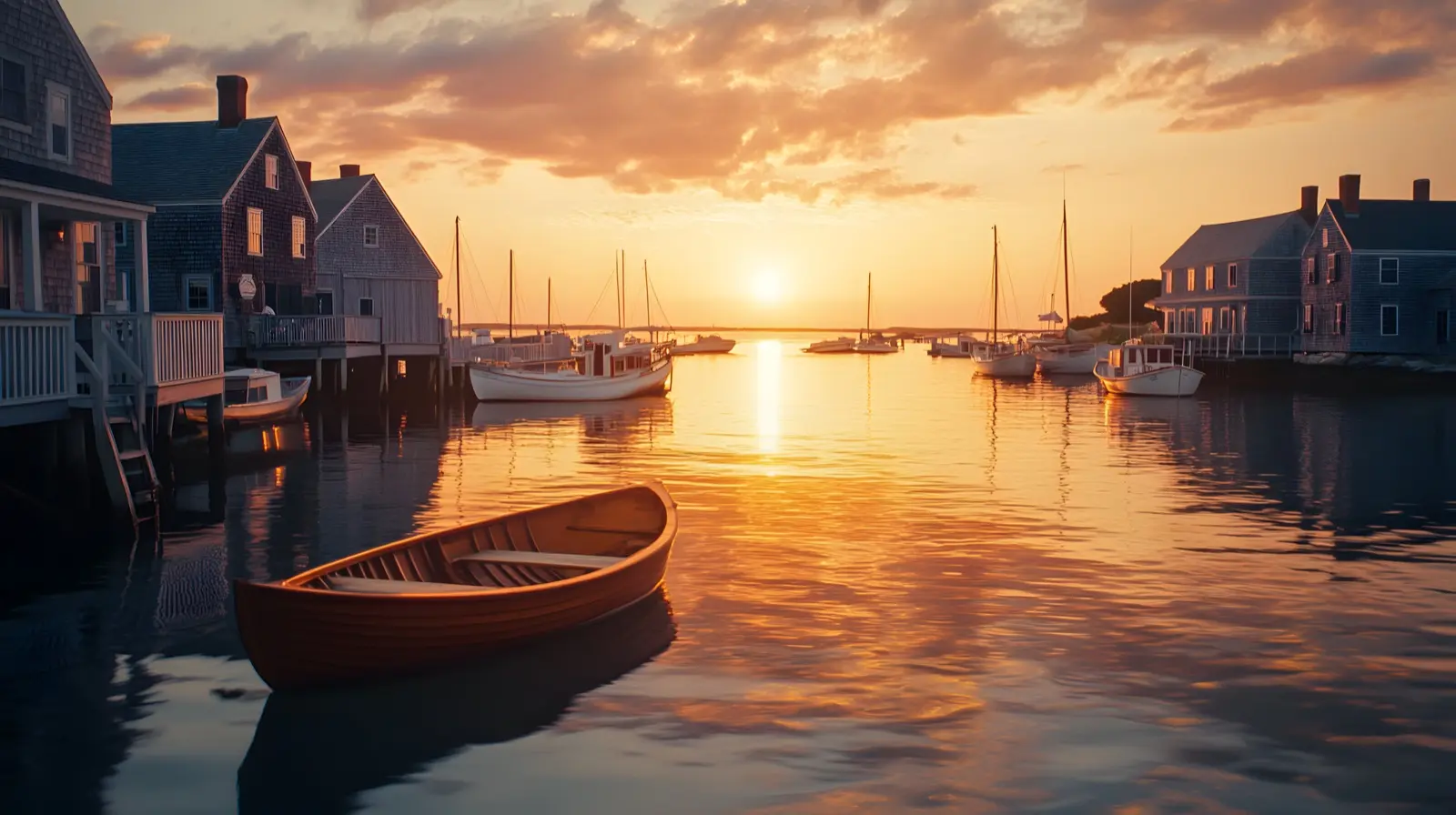 Nantucket harbor at sunset with classic wooden sailboats moor