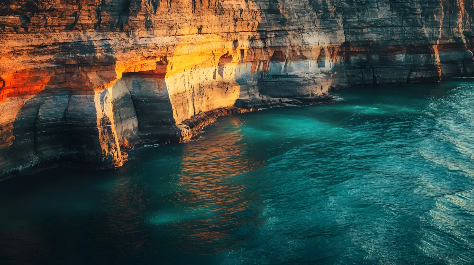 Layered sandstone cliffs of Pictured Rocks National Lakeshore, Michigan
