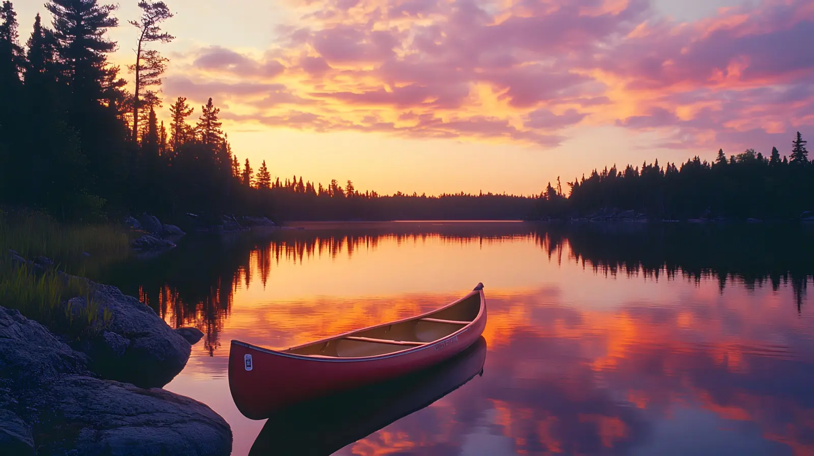 Boundary Waters Minnesota lake at sunset glassy water reflect