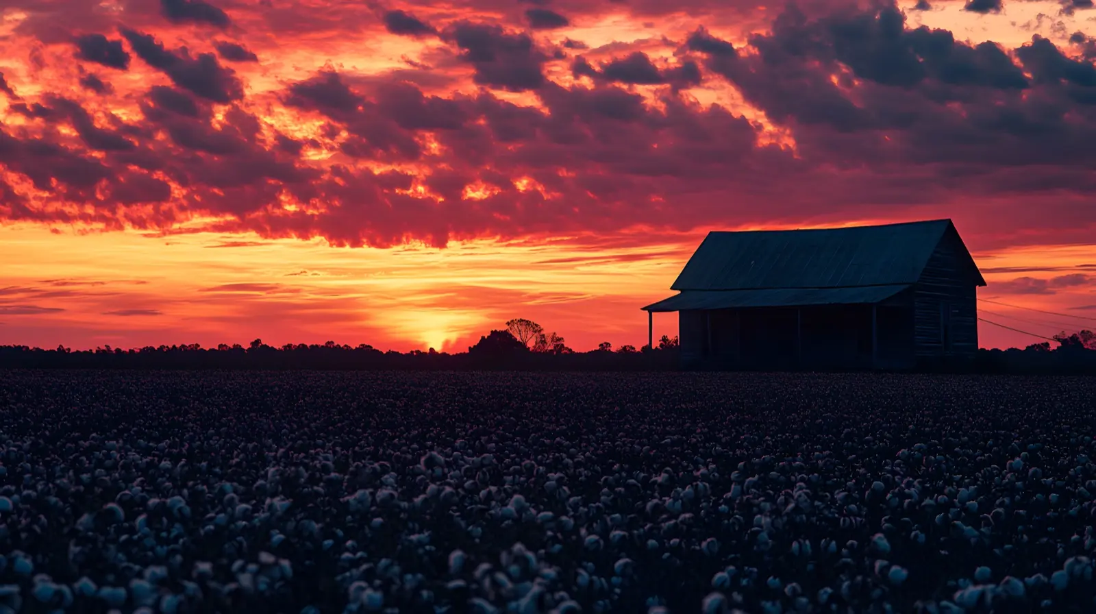 Mississippi Delta at golden hour with endless cotton fields