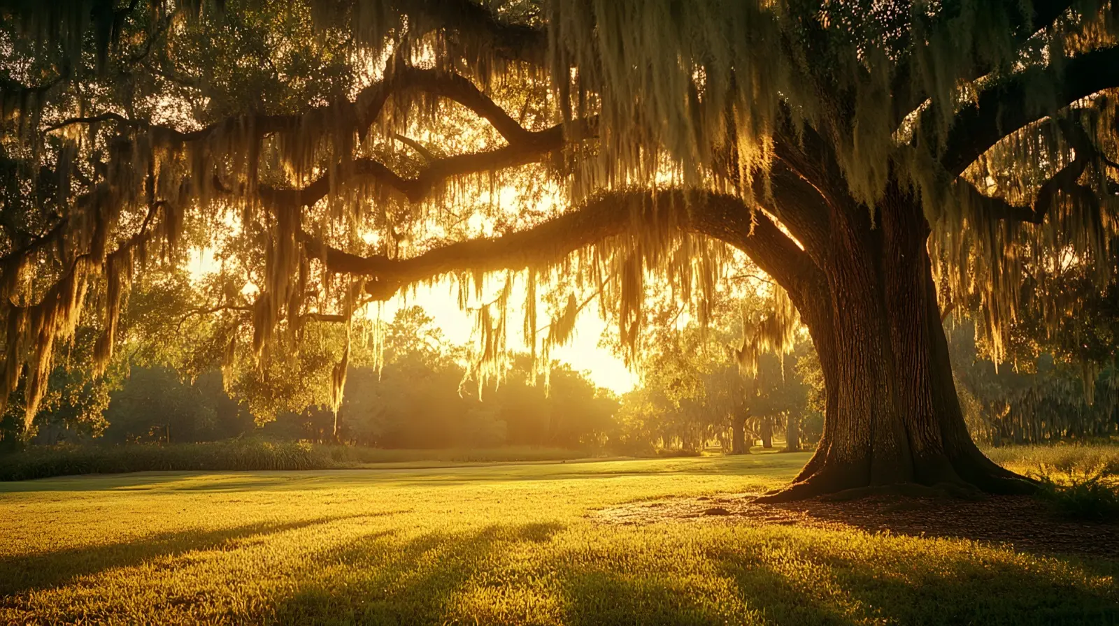 Ancient live oak tree dripping Spanish moss in Mississippi