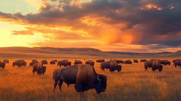 Herd of American bison grazing on vast Montana plains under