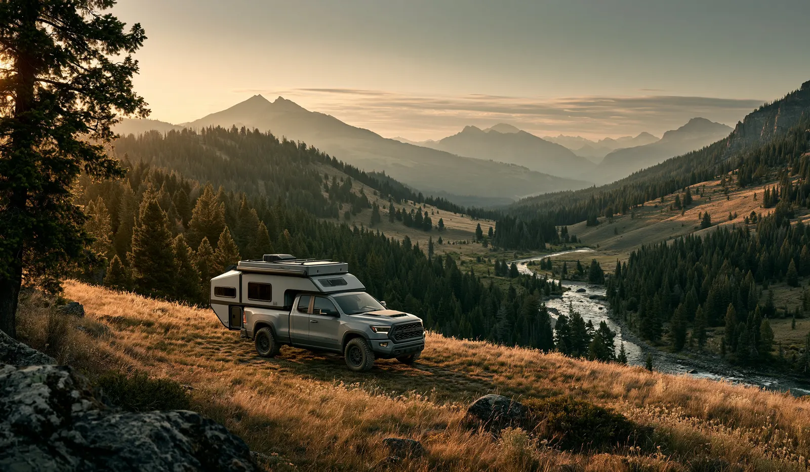 Truck camper parked above a wide Montana river valley under big sky