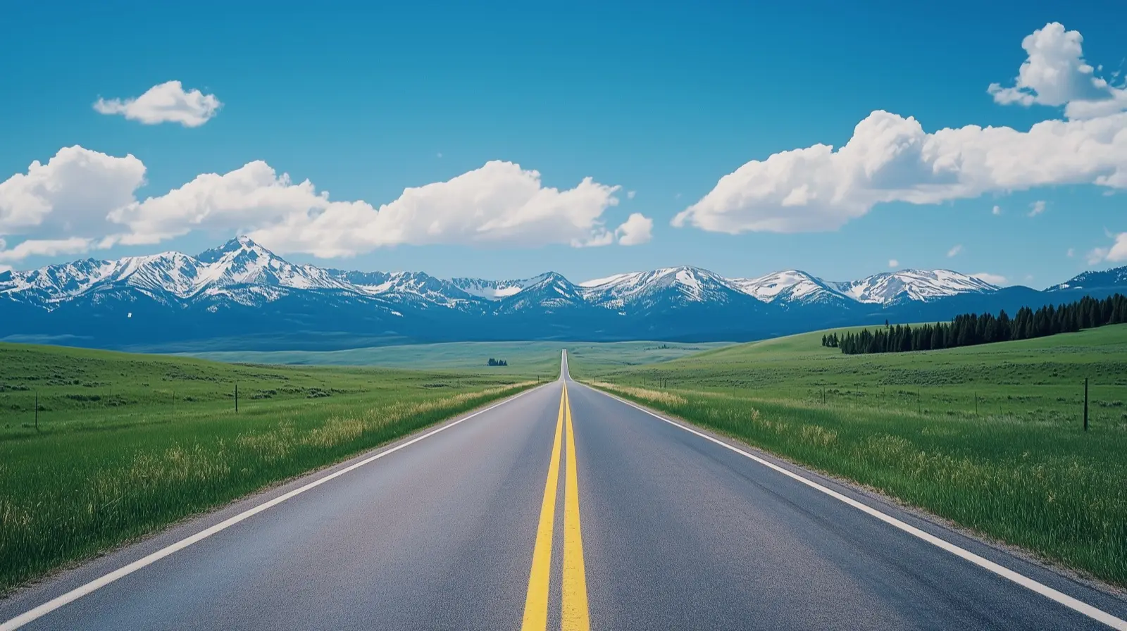Empty Montana highway running toward snow-capped peaks