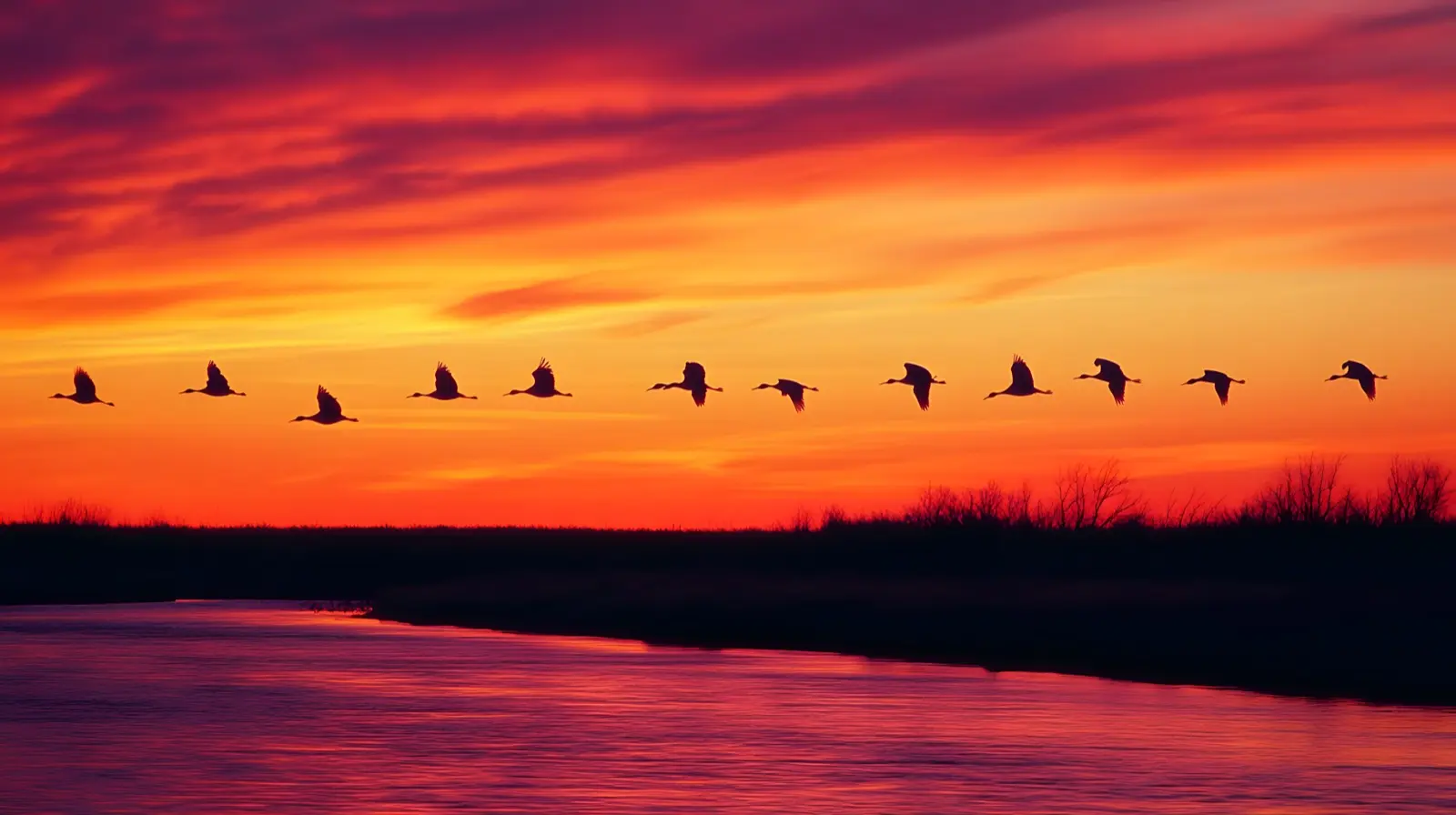 Sandhill cranes flying over Platte River Nebraska at sunset