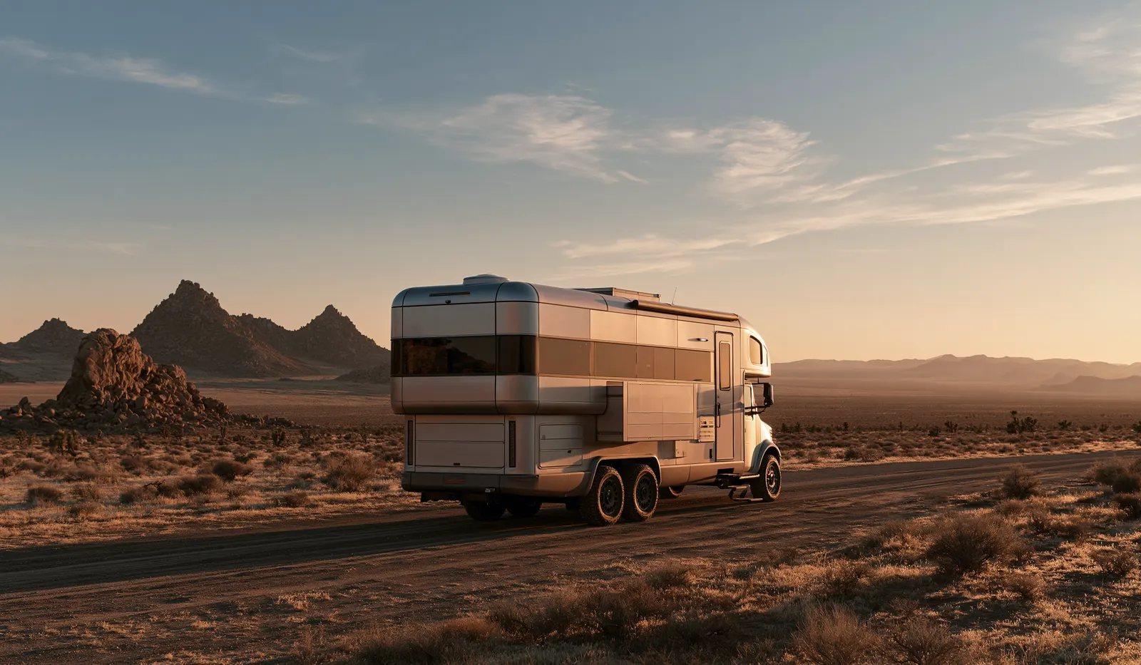 Camper on a lone desert road through Nevada basin-and-range country at dusk