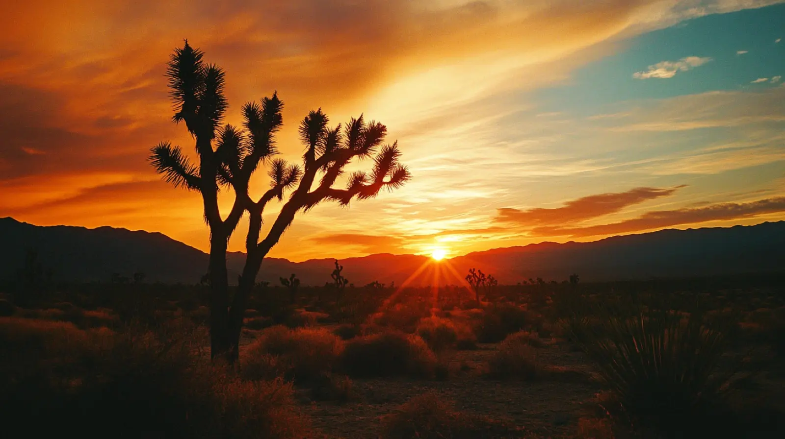 Joshua trees silhouetted against a Mojave Desert sunset, Nevada