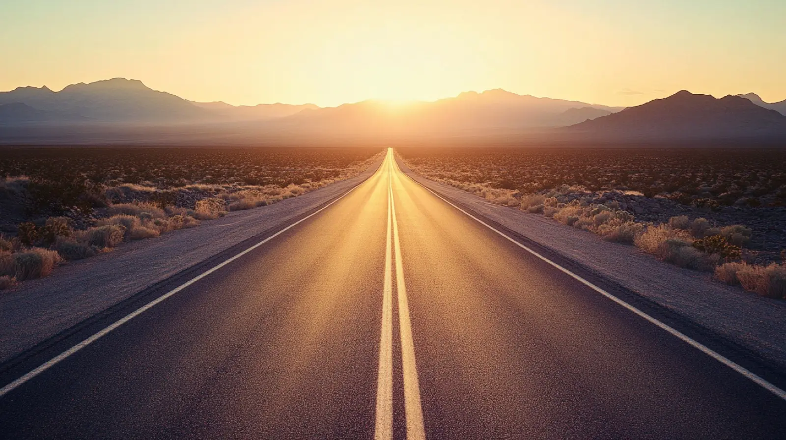 Empty desert highway running toward a Nevada sunset