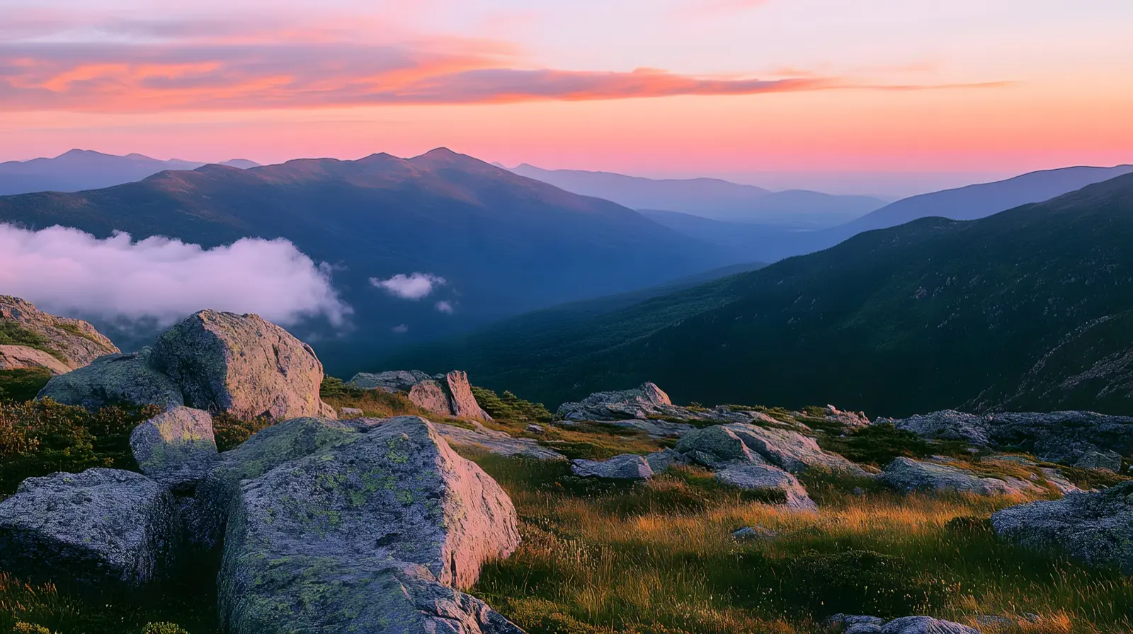 Mount Washington summit New Hampshire at sunrise warm pink