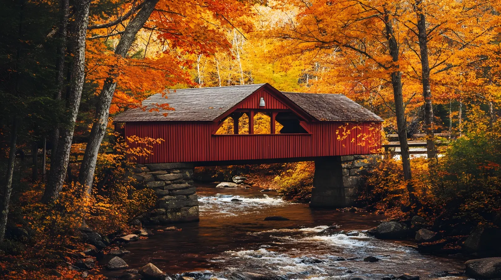 Red covered bridge over a rushing New Hampshire stream