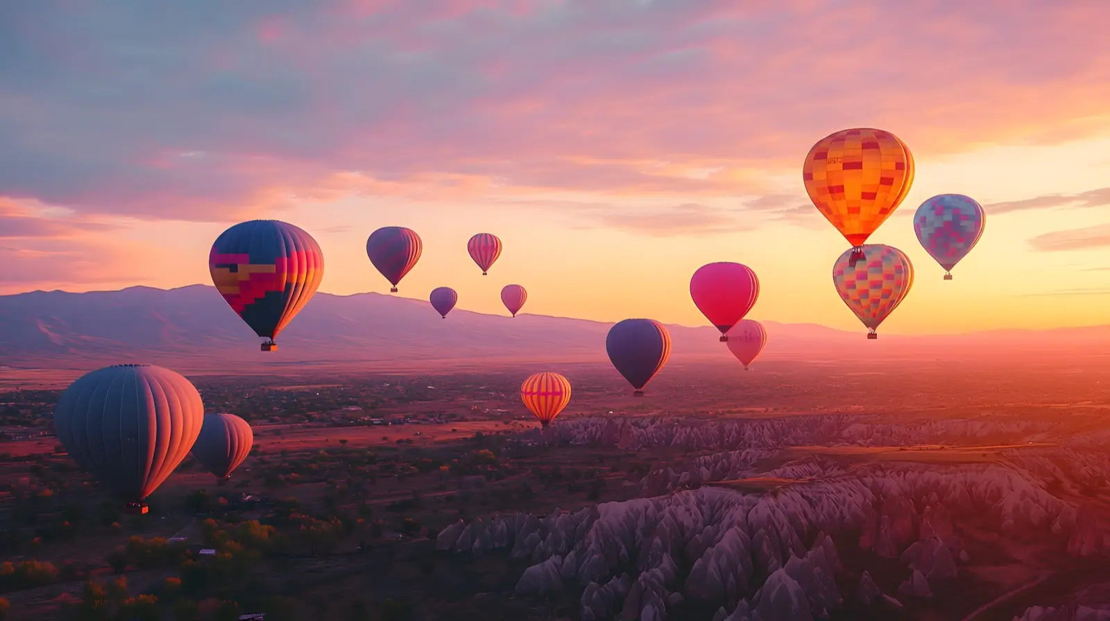 Hundreds of vivid colorful hot air balloons rising at dawn