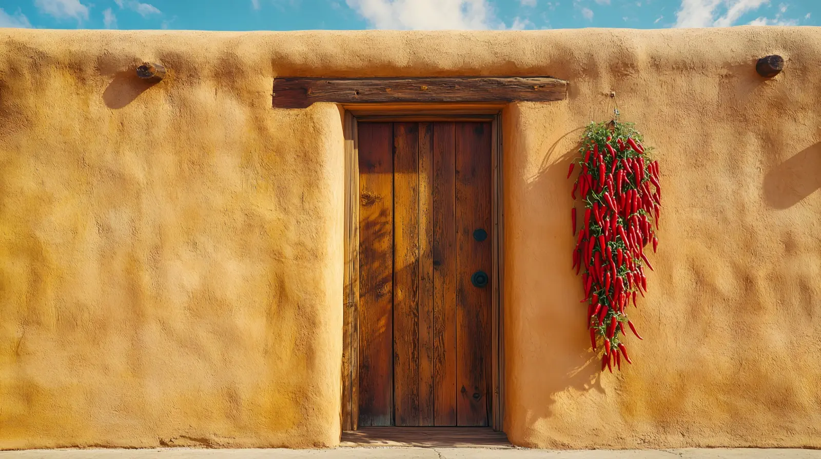 Strings of red chiles hanging on a Santa Fe adobe wall