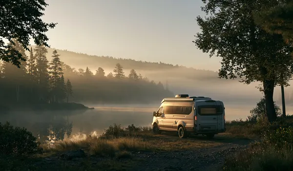 Camper van beside a misty Adirondack lake at first light in New York