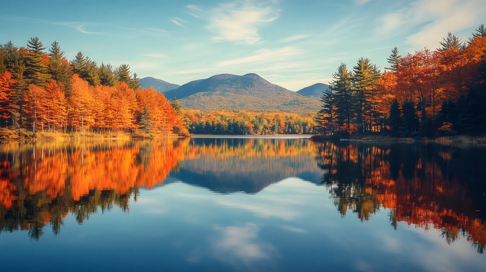 Adirondack peaks mirrored in a still autumn lake, New York
