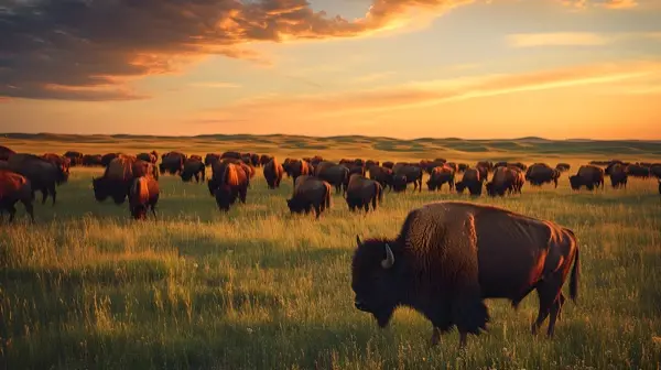 Herd of bison grazing on vast North Dakota prairie at golden